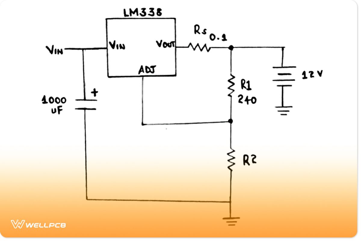 Circuit diagram of a battery charger circuit with 12V current controllerÂ