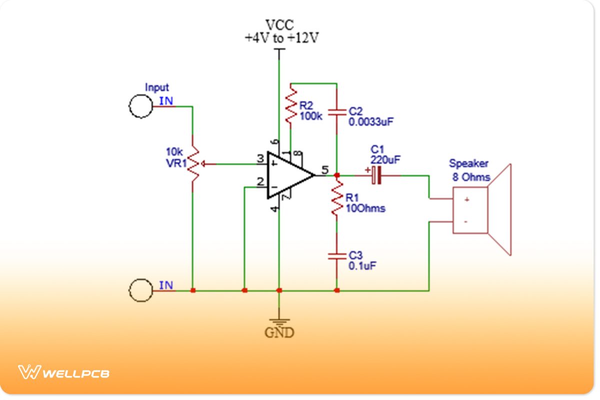 Circuit diagram of an LM386 amplifier with bass boost