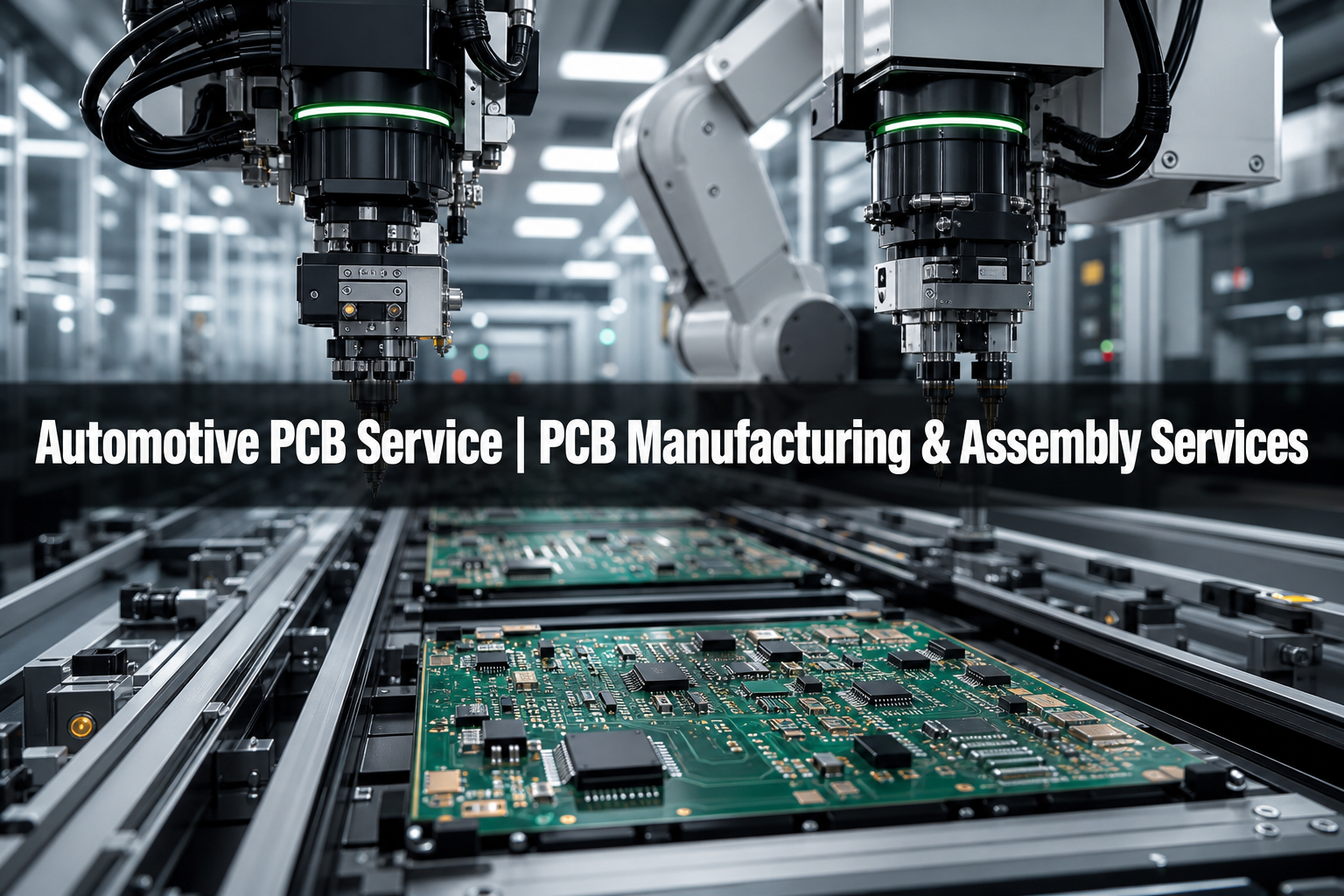 Automotive PCB manufacturing line with robotic assembly and bold service headline.