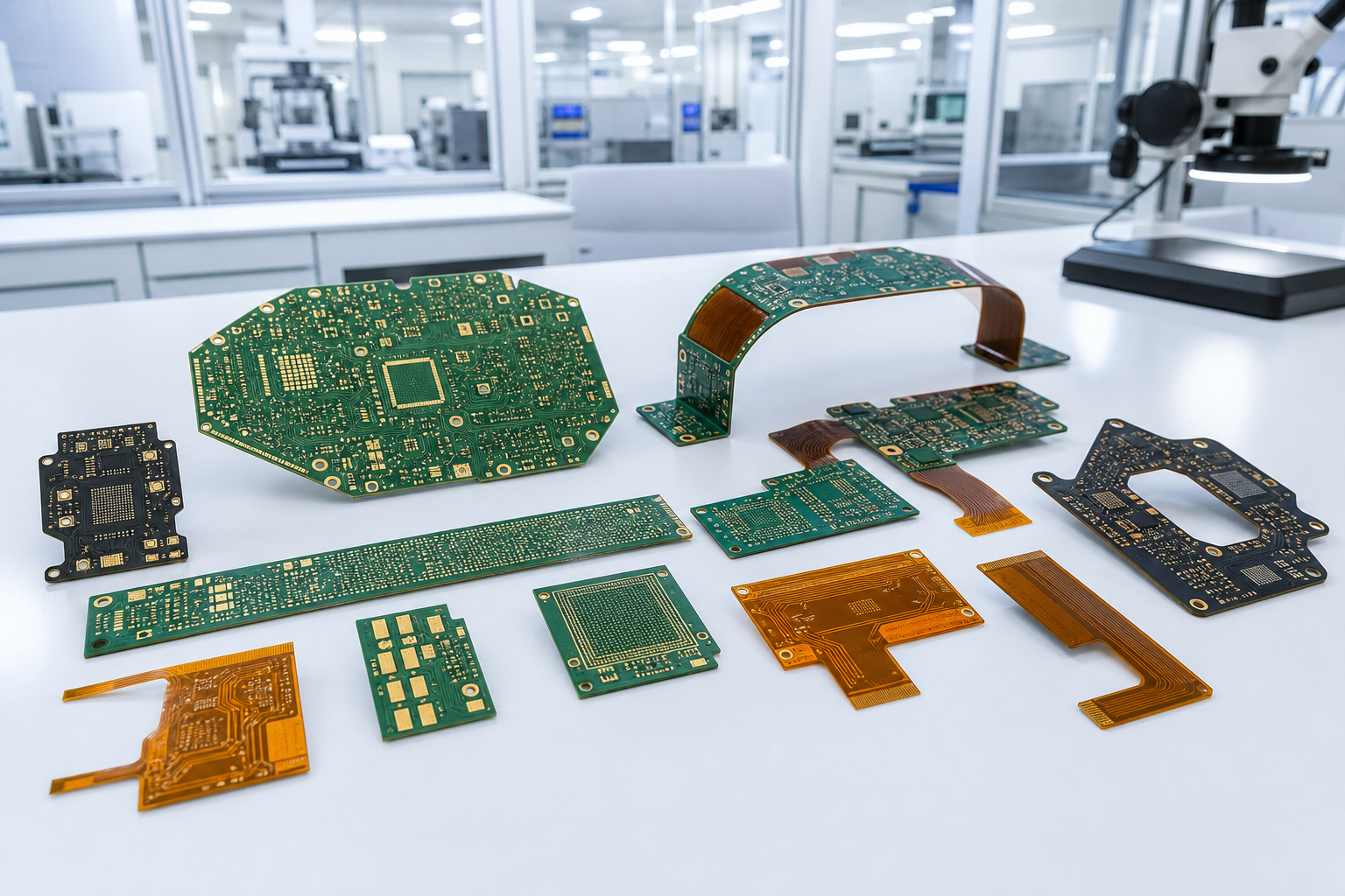 Variety of automotive PCBs including rigid, flex, and HDI boards in cleanroom inspection.