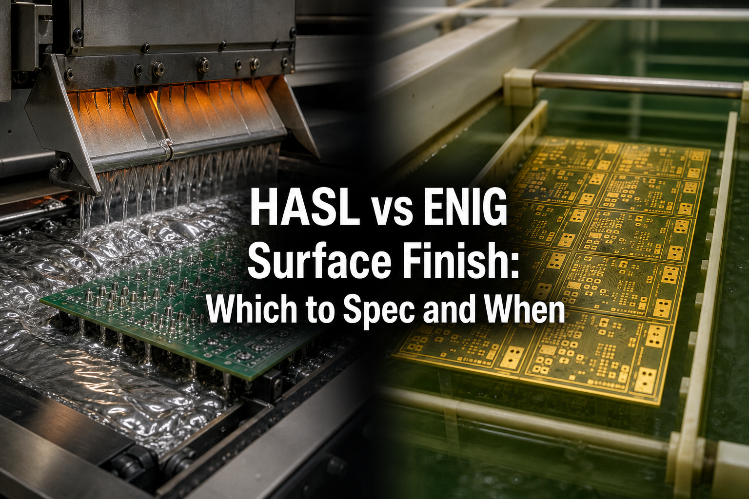 Split industrial scene comparing HASL solder leveling and ENIG gold plating for PCB surface finish selection.