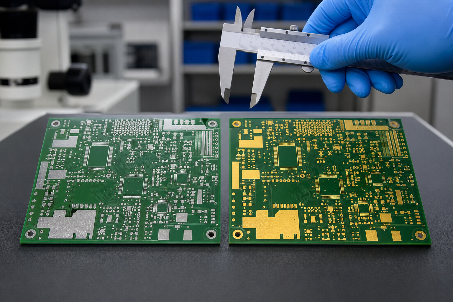 Side-by-side comparison of HASL and ENIG PCB surface finishes on an inspection table.
