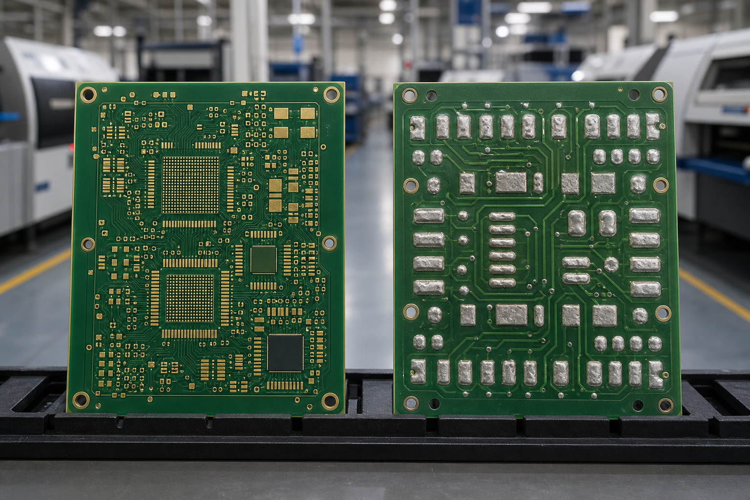 Factory floor comparing fine-pitch ENIG assembly with wider-pitch HASL circuit board production.