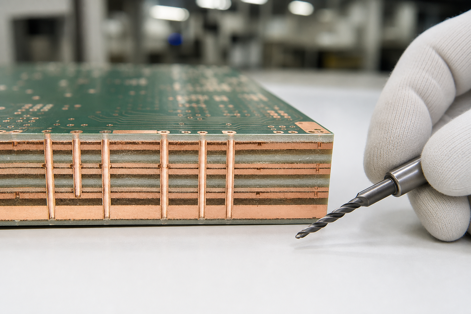 Standard multilayer PCB with through-hole vias on factory light table