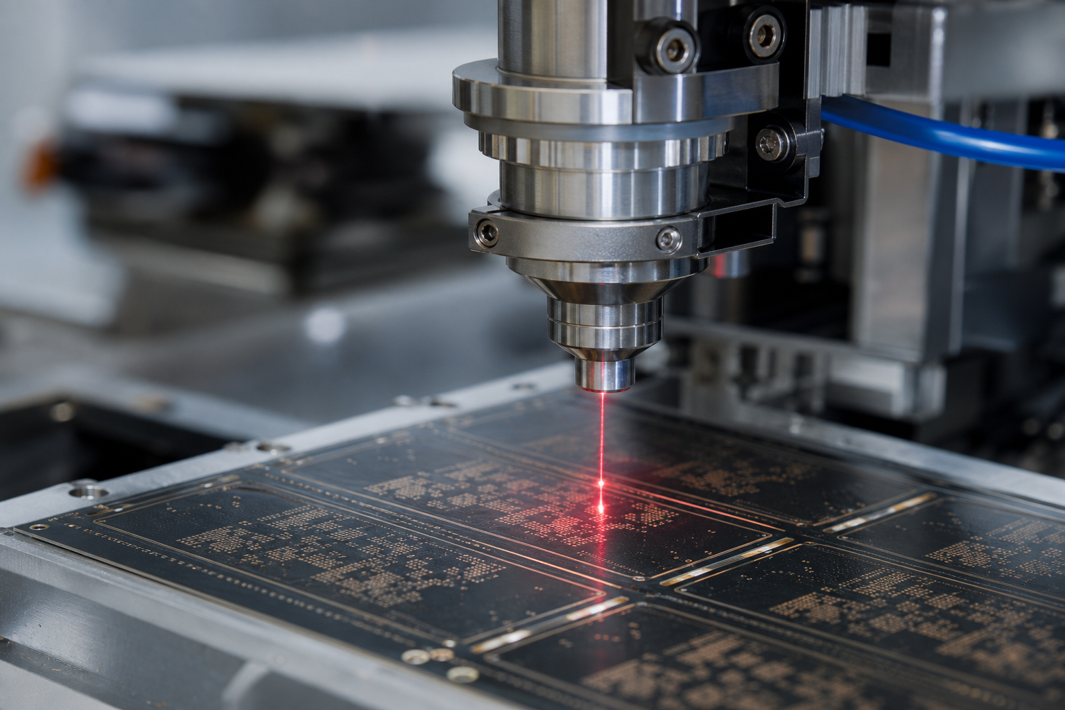 Laser drilling microvias on an HDI PCB in cleanroom factory