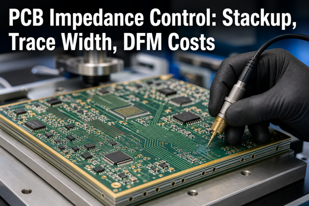 Technician testing controlled impedance on a multilayer PCB in an electronics factory