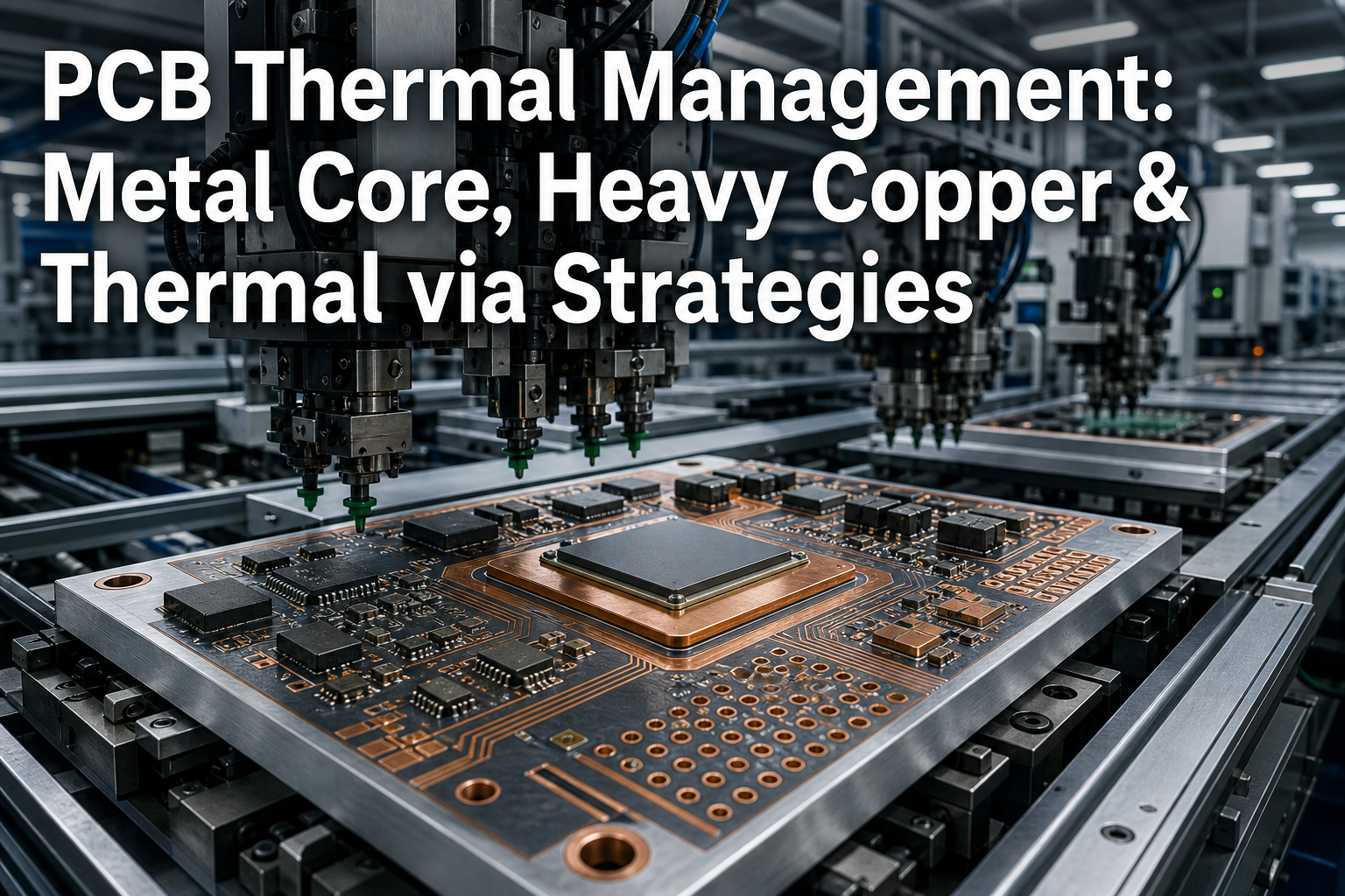 Industrial PCB assembly line with metal-core board and thermal management headline.