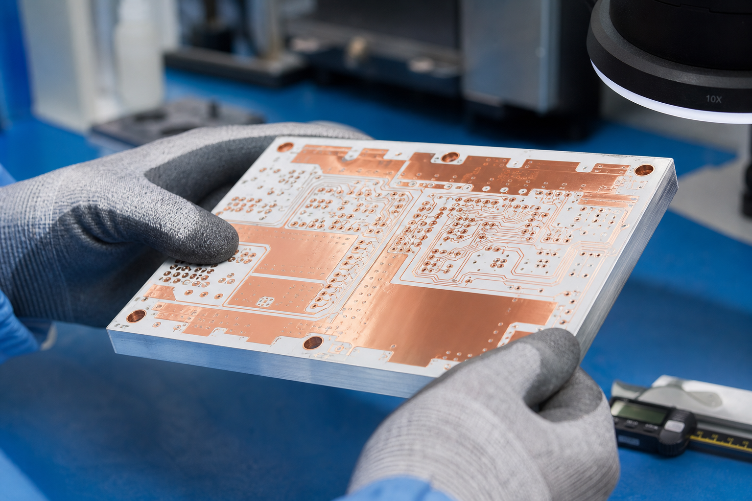Technician inspecting a metal-core PCB with aluminum base for heat spreading.