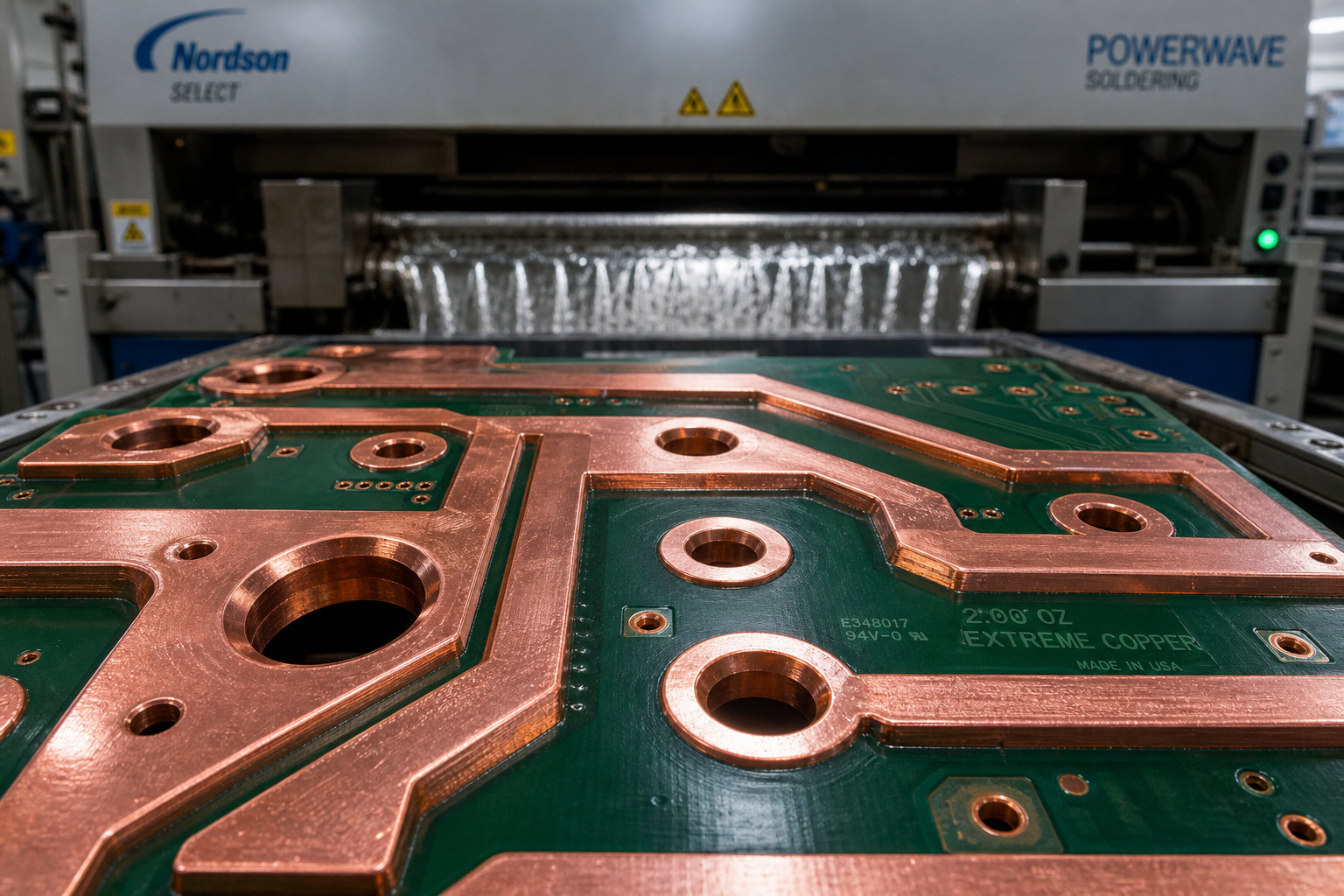 Heavy copper PCB with thick traces on production line for high current capacity.