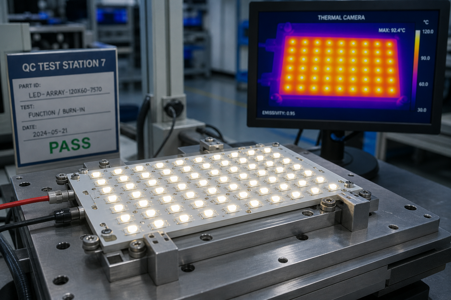 Aluminum PCB with high-power LEDs under thermal test in industrial lab.