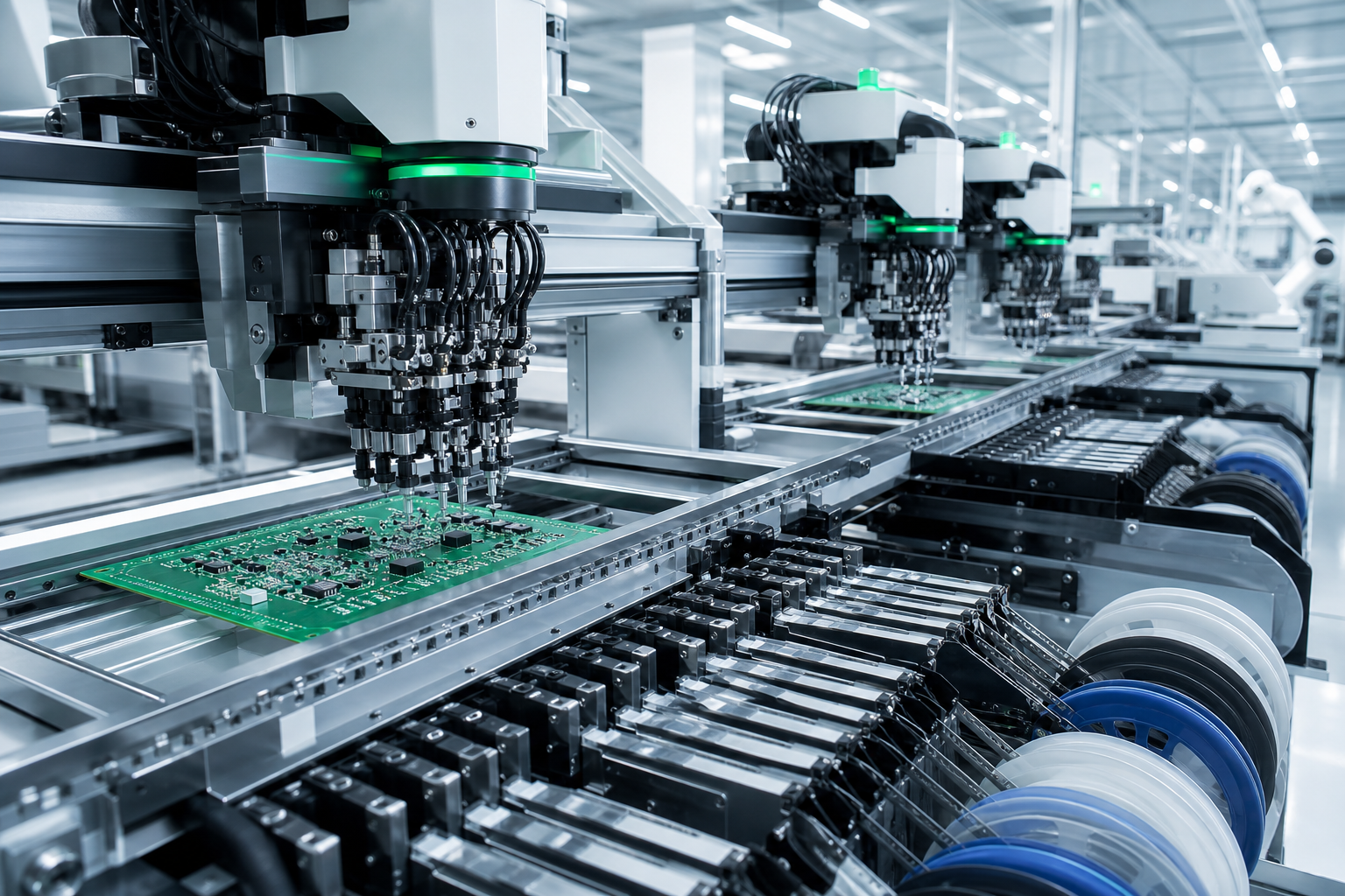 Automated SMT assembly line in a turnkey PCB assembly factory with robotic pick-and-place machines