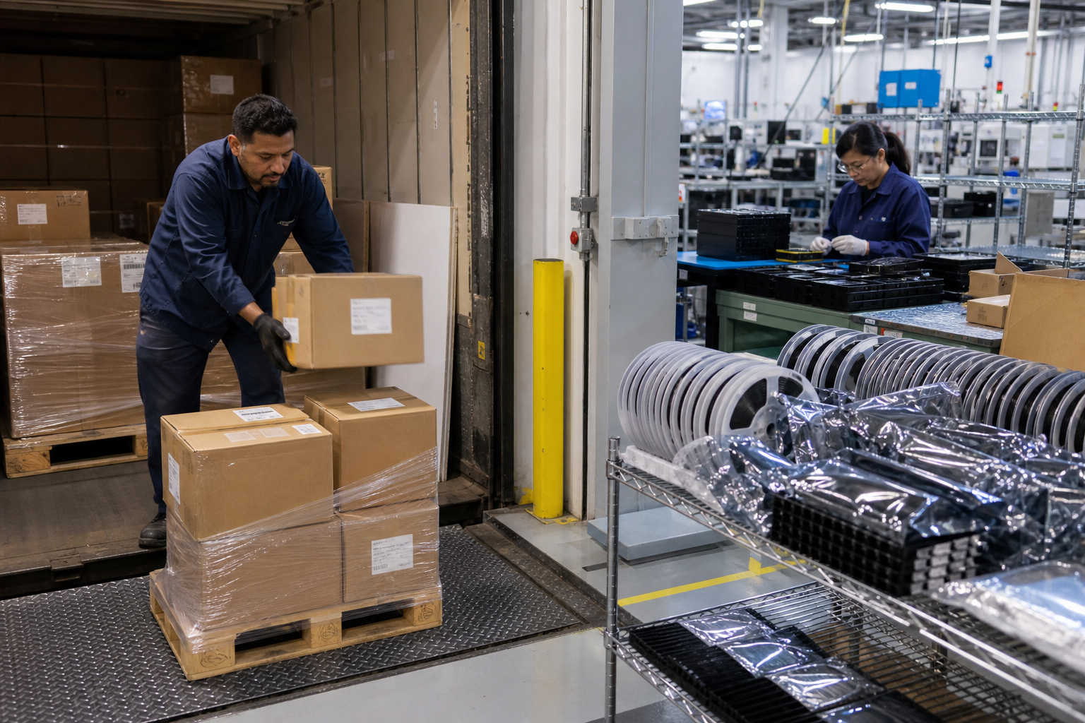 Consigned PCB assembly components being unloaded and kitted at an electronics factory dock