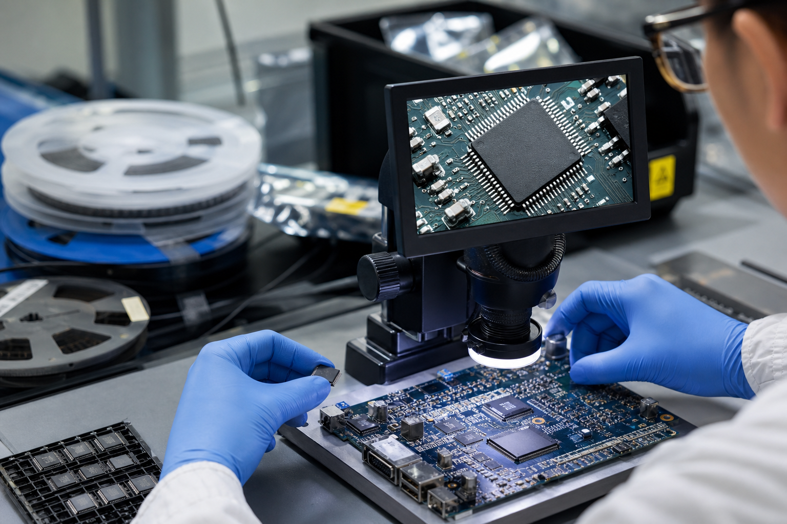 Technician inspecting counterfeit component risk in consigned PCB assembly using a microscope